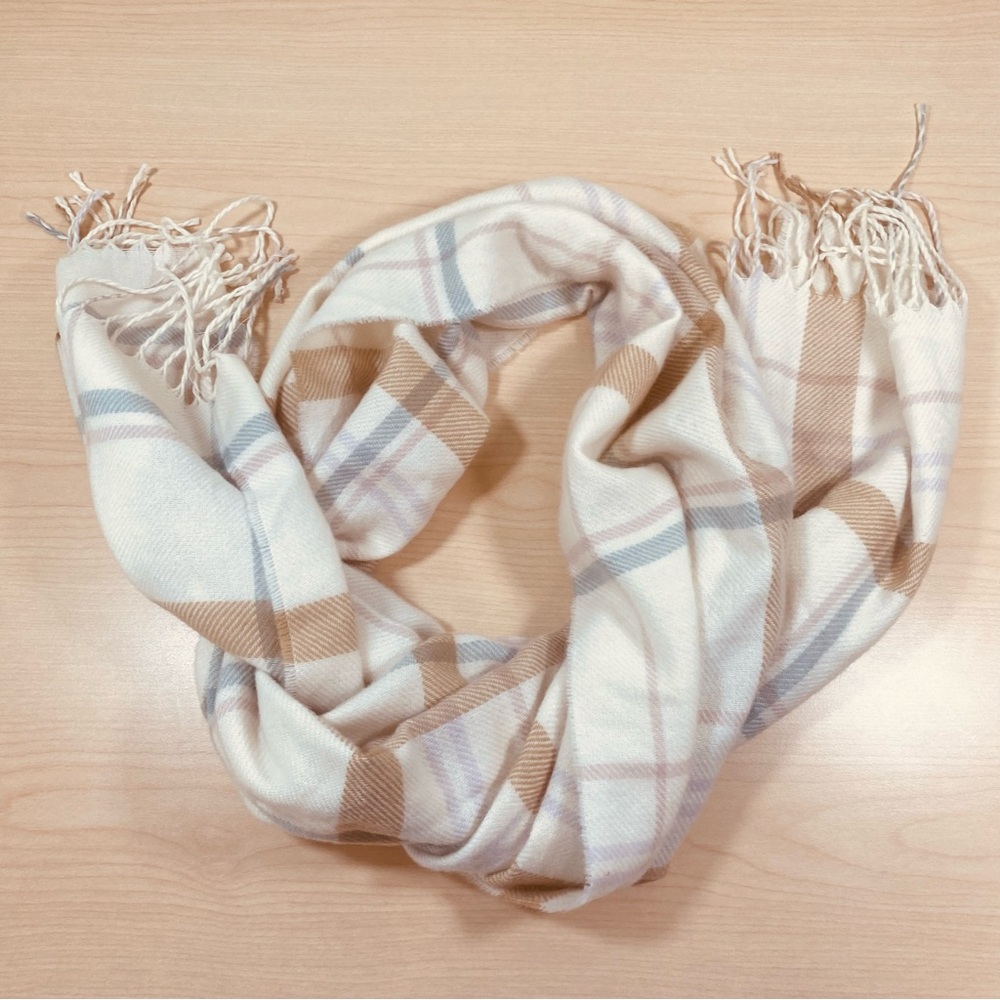 Steve Madden Cream Plaid Fringe Scarf with Taupe and Light Blue